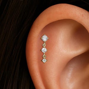 14K Solid Gold Dangle Diamond Internal Threaded Stud, Real Diamond Helix Screw Flat Back Earring, Gold Tragus Cartilage Earlobe Piercing