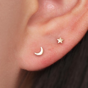 14K Solid Gold Moon & Star Push Back Earring, Gold Tiny Helix Cartilage Threadless Pin Piercing, Earlobe Nose Labret Tragus Flat Back Stud