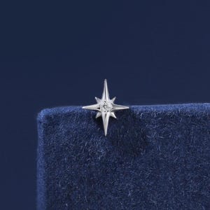 14K Solid White Gold Diamond North Star Flat Back Stud, Real Diamond Conch Internal Threaded Stud, Helix Tragus Cartilage Screw Back Earring