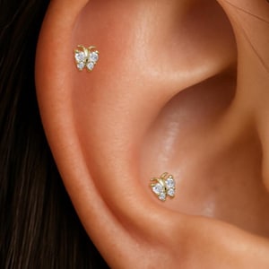 14K Solid Gold Diamond Butterfly Screw Back Stud, Tiny Animal Helix Conch Internal Threaded Earring, Real Diamond Nose Flat Back Piercing