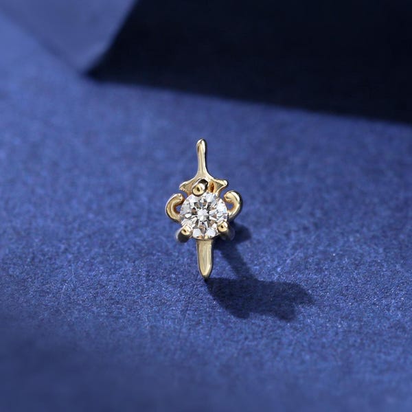 14K Solid Gold Diamond Sword Pattern Internal Threaded, Real Diamond Tragus Helix Screw Back Earring, Conch Lobe Cartilage Flat Back Stud