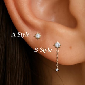14K Solid Gold Dangle Diamond Sun Earring, Real Diamond Helix Conch Cartilage Internal Threaded, Sun Tragus Nose Screw Flat Back Piercing