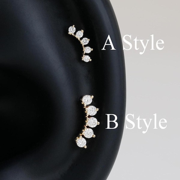 14K Solid Gold Diamond Cartilage  Arc-shaped Stud Earring, Cluster Diamond Helix Tragus Flat Back Earring, Climber Piercing Jewelry