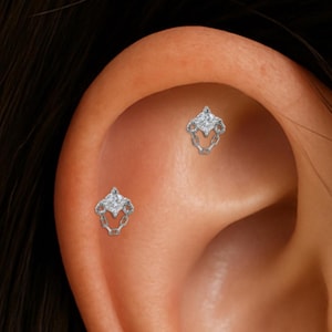 14K White Gold Diamond with Dangle Chain Earring, Real Diamond Helix Conch Internal Threaded Stud, Dangle Cartilage Screw Flat Back Piercing