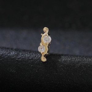 14K Solid Gold Diamond Vine Internal Threaded Stud, Real Diamond Helix Cartilage Threadless Push Pin, Dainty Earlobe Screw Flat Back Earring
