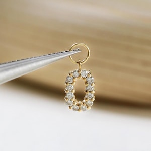 14K Solid Gold Dainty Diamond Earlobe Piercing Charm, Hallow Oval Upper Lobe Cartilage Clicker Charm, Real Diamond Number 0 Earring Charm