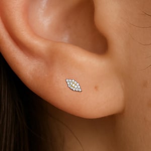 14K Solid Gold Diamond Leaf Screw Back Earring, Pave Diamond Conch Helix Tragus Piercing, Marquise Cartilage Nose Labret Flat Back Stud 18G