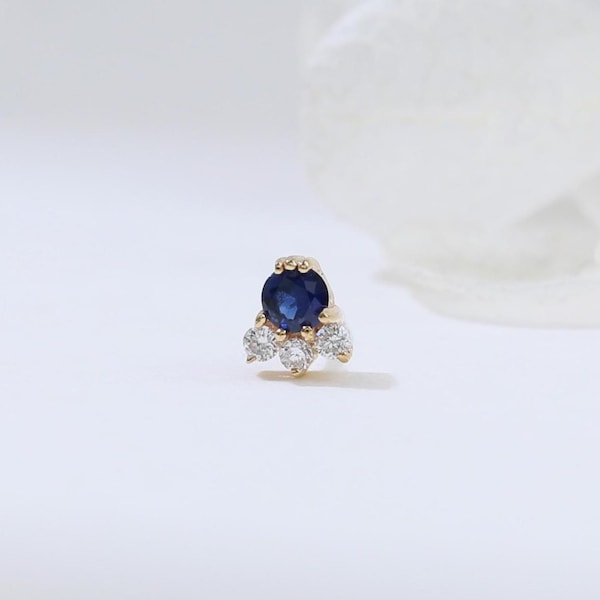 14K Solid Gold Blue Sapphire Helix Stud Earring, Dainty Diamond Cartilage Threadless Flat Back, Gold Conch Tragus Earlobe Piercing Jewelry
