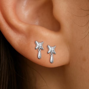 14K Solid Wihte Gold Diamond Star with Drop Threaded Pin, Real Diamond Earlobe Screw Back Earring, Helix Cartilage Internal Threaded Stud