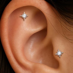 14K Solid Gold Star Diamond Flat Back, Four Pointed Star Earlobe Cartilage Internal Threaded, White Gold Helix Conch Tragus Labret Piercing