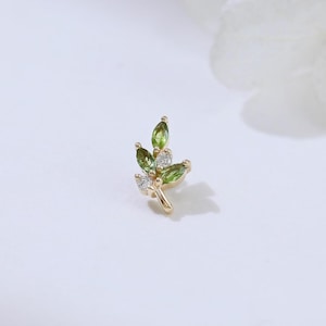 14K Solid Gold Green Tourmaline Leaf Helix Stud, Diamond Plant Internally Threaded, Dainty Lobe Piercing Jewelry, Leaf Cartilage Screw Back