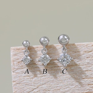 14K Solid White Gold Diamond Internal Threaded, Dangle Diamond Helix Earlobe Cartilage Earring, White Gold Nose Tragus Flat Back Earring