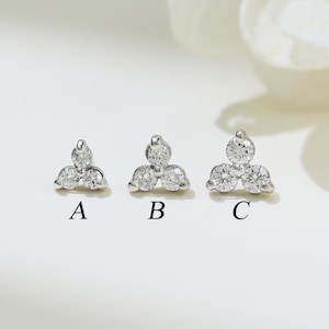 14K Solid White Gold Diamond Flower Screw Back Stud, Triple Diamond Conch Threaded Earring, Gold Helix Cartilage Labret Flat Back Piercing