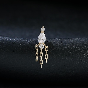 14K Solid Gold Diamond Dangle Chain Helix Piercing, Drop Triple Chain Cartilage Flat Back Earring, Dainty Moissanite Earlobe Piercing Gift