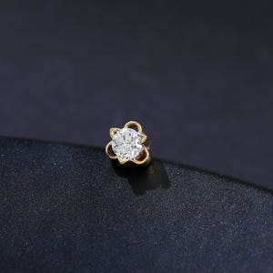 14K Solid Gold Diamond Petal Stud Earring, Dainty Helix Tragus Conch Lobe Piercing, Threadless Real Gold Tiny Floral Cartilage Jewelry