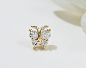 14K Gold Diamond Butterfly Stud Earring, Helix Conch Piercing