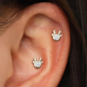 14K Solid Gold Diamond Deer 18G Flat Back Stud, Gold Dainty Elk Tragus Threaded Pin Earring, Helix Earlobe Cartilage Conch Nostril Piercing