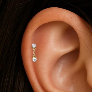 14K Solid Gold Diamond Dangle Helix Chain Stud, Minimalist Double Stone Drop Piercing, Real Gold Cartilage Earlobe Flat Push Back Earring