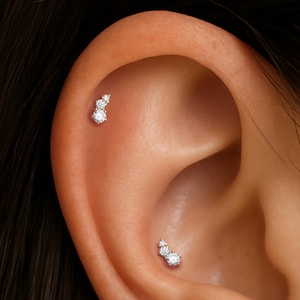 14K Solid Gold Curved Diamond Helix Climber, Real Gold Helix Three Dot Internally Threaded Stud, Conch Cartilage Tragus Screw Flat Back 18G