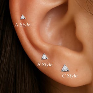 14K White Gold Diamond Triangle Internal Threaded, Real Diamond Tragus Helix Screw Back,  Multi-size Conch Nose Lobe Frontal Helix Piercing