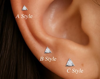 14K Solid White Gold Triangle Diamond Nose Stud, Tiny Triangle Helix Cartilage Earlobe Tragus Piercing