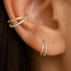 14K Solid Gold Pave Diamond Double Hinged Clicker, 14K Diamond Helix Conch Earlobe Rook Earring, Multi-size Septum Ring 16G Cartilage Hoop