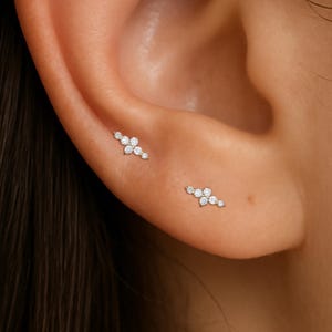 14K Solid Gold Diamond Helix Cartilage Earring, Real Diamond Conch Earlobe Screw Flat Back Stud, Gold Cluster Third Lobe Internal Threaded