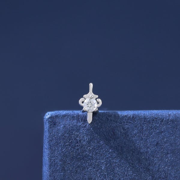 14K Solid White Gold Sword Pattern Diamond Threaded Pin Stud, Real Diamond Tragus Helix Screw Back Earring, Conch Cartilage Flat Back Stud