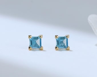 14K Solid Gold London Blue Topaz Stud Earrings, Princess Cut Helix Jewelry