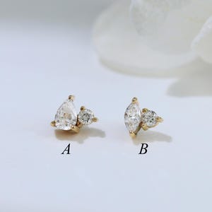 14K Solid Gold Double Diamond Helix Screw Back, Tiny Teardrop Diamond Tragus Conch Earring, Minimalist Marquise Cartilage Meduse Piercing