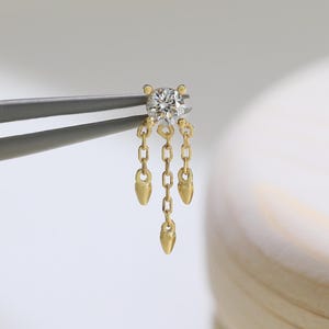 Boucles d'oreilles pendantes en or massif 14 carats avec diamants, filetage interne au lobe d'oreille en diamant véritable, piercing à dos plat pour cartilage triple chaîne