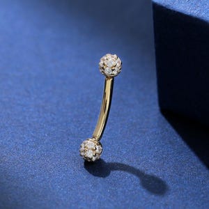 Piercing tour double boule en or massif 14 carats pavé de diamants, haltères incurvés filetés à l'intérieur avec diamants véritables, anneau de nombril confortable conque