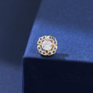 14K Solid Gold Diamond Rose Earlobe Internal Threaded Stud, Real Diamond Floral Helix Conch Earring, Cartilage Nose Screw Flat Back Piercing