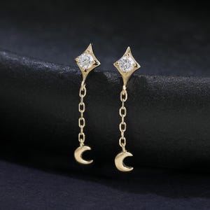 14K Solid Gold 0,03ct Echter Diamant Stern & Mond Push Back, Mond Helix Knorpelstecker, fadenloser Diamant Polaris Push Pin Ohrring