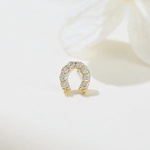14K Solid Gold Diamond Horseshoe Threadless Push Pin, Real Diamond Helix Conch Tragus Earring, Earlobe Cartilage Nose Flat Back Piercing