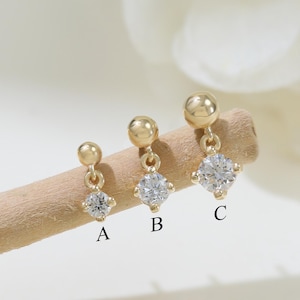 14K Solid Gold Dangle Diamond Threadless Push Pin, Multi-size Gold Ball Helix Cartilage Stud, Real Diamond Tragus Conch Flat Back Earring