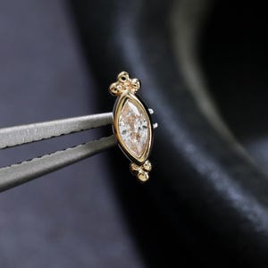 14K Solid Gold Bezel Set Moissanite Threaded Stud, Marquise Moissanite Conch Cartilage Piercing, Gold Helix Tragus Screw Flat Back Earring