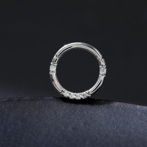 14K White Gold Diamond Cartilage Clicker Hinged Hoop, Real Diamond Septum Ring Huggie Hoop, Dainty Helix Daith Hoop Seamless Clicker 16G