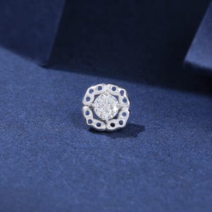 14K Solid White Gold Diamond Rose Internal Threaded, Real Diamond Floral Helix Flat Back Stud, Conch Cartilage Nose Screw Back Earring