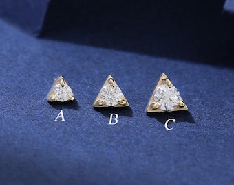 14K Solid Gold Diamond Threaded Pin Stud, Diamond Triangle Tragus Forward Helix Screw Back Stud,  Multi-size Conch Nose Labret Piercing 18G