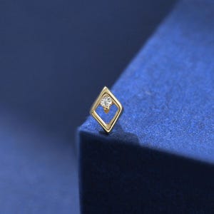 14K Solid Gold Diamond Rhombic Screw Back Stud, 14K Gold Diamond Cartilage Threaded Pin Earring, Geometric Helix Tragus Conch Nose Piercing