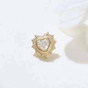14K Solid Gold Diamond Radiant Heart Earring, Moissanite Conch Earlobe Internal Threaded Stud, Real Diamond Heart Screw Flat Back Piercing