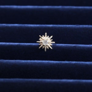 14K massief gouden diamant Starburst-helixoorbel, echte diamanten conch tragus met inwendig schroefdraad, gouden neuskraakbeenschroef platte achterkant piercing
