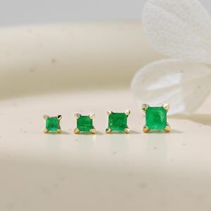 14K Solid Gold Genuine Emerald Stud Earring Natural Zambian Emerald Threadless Princess Cut Cartilage Helix Stud Dainty Tragus Lobe Piercing