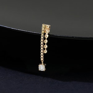 14k Solid Gold Diamond Drop Stud Earring, Box Chain and Bead Chain Dangle, Minimal Cartilage Helix Tragus Piercing, Fine Jewelry Gift