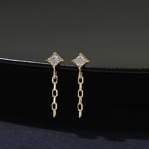 Pendiente colgante de oro macizo de 14 quilates con cadena de diamantes, sin rosca, para hélice, caracola y trago, joyería minimalista fina con parte trasera plana.