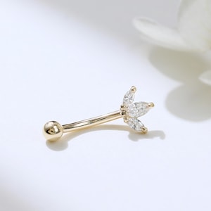 14K Solid Gold Marquise Diamond Curved Rook Piercing, Real Diamond Internally Threaded Barbell, Eyebrow Daith Snug Conch Piercing Jewelry