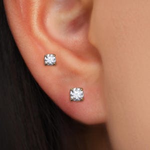 14K Solid Gold Four Prong Diamond Threaded Pin, Multi-Size Gemstone Screw Flat Back Earring, 18G Post Helix Tragus Nostril Conch Piercings