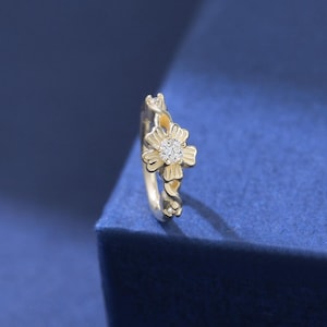 14K Solid Gold Diamond Flower Clicker Ring, Real Gold Diamond Rook Conch Earlobe Ring, Gold Floral Cartilage Helix Piercing Navel Hoop