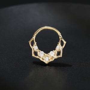 14K Solid Gold Diamond Thorns Nose Seamless Clicker, Moissanite Cartilage Huggie Hoop Septum Ring, 18G Dainty Floral Daith Hinged Clicker
